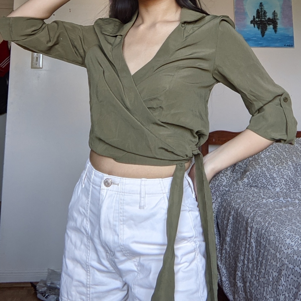 Khaki long sleeve wrap top